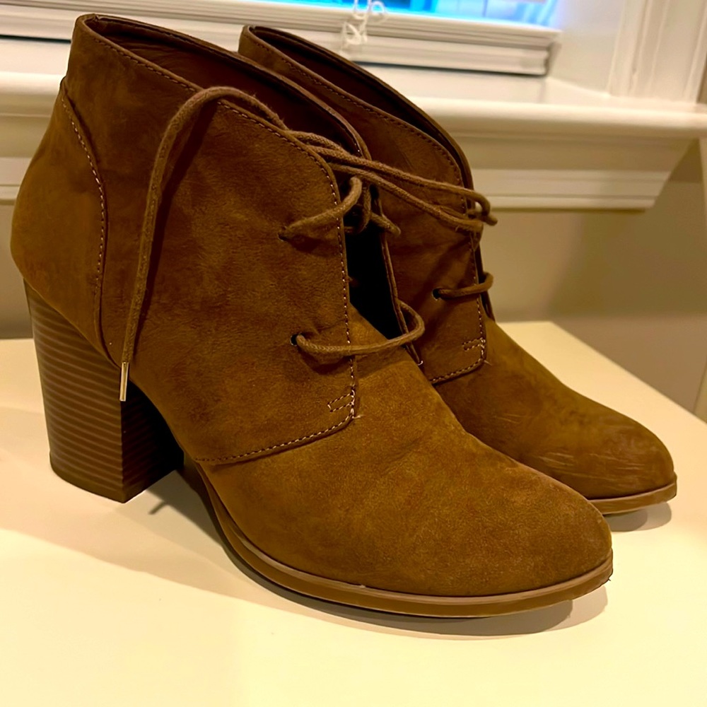 Tan faux suede chunky heeled lace up bootie